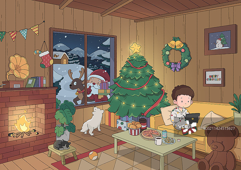 圣诞夜圣诞老人给孩子们送礼物图片素材