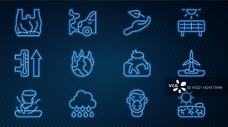 线条集：干旱、风力涡轮机和手上的嫩芽图片素材