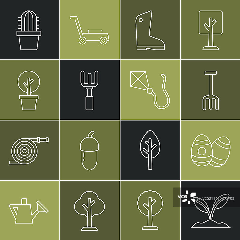 嫩芽、复活节彩蛋、花园耙和橡胶手套图片素材