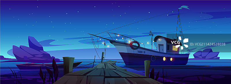 停靠在湖河或海港码头的渔船图片素材