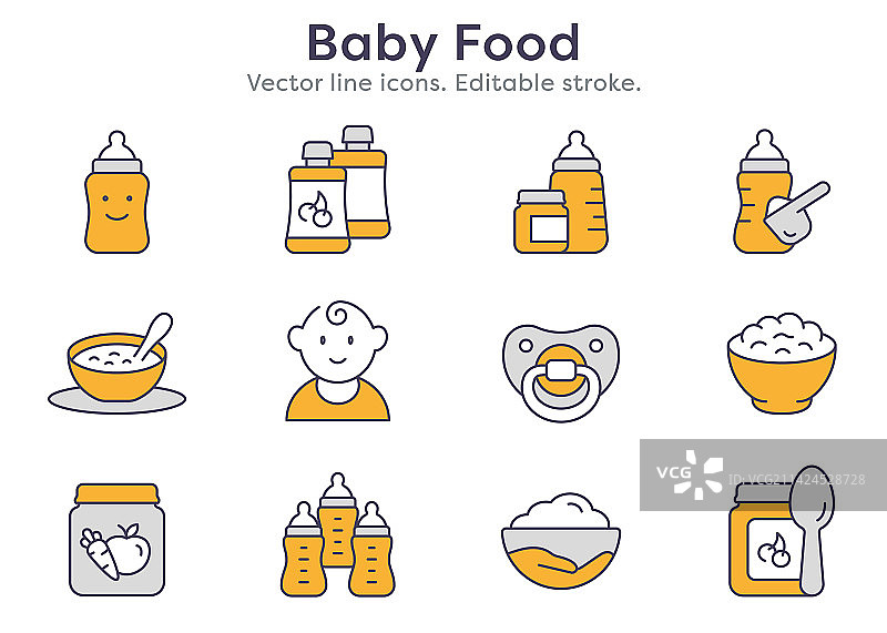 婴儿食品线性图标，如奶瓶、勺子、罐子图片素材