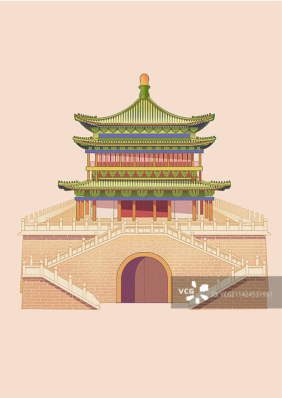 西安钟楼古建筑国潮风插画图片素材