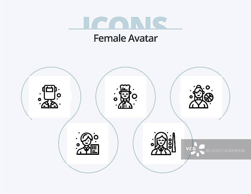 女性头像线条图标包，5个图标设计图片素材