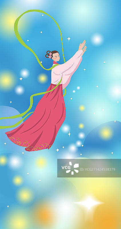 古装古典古代古人古神话故事七仙女飞天国学经典插画图片素材