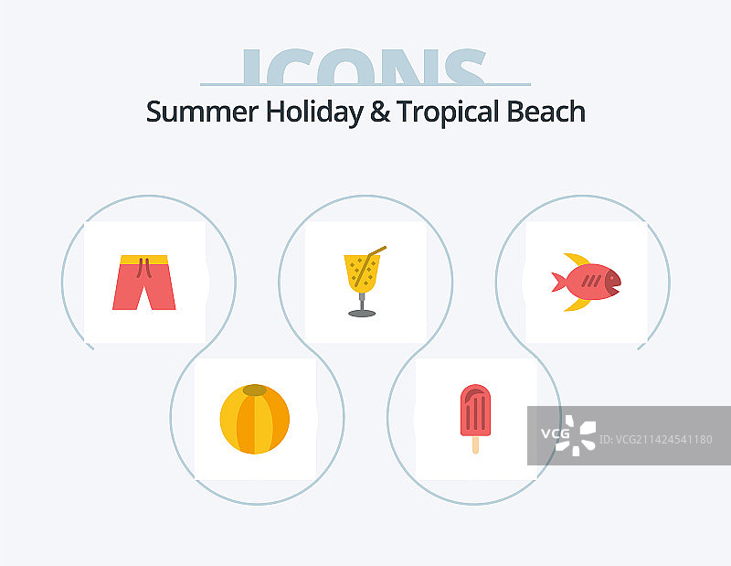 海滩扁平图标套装（鱼、海滩）图片素材