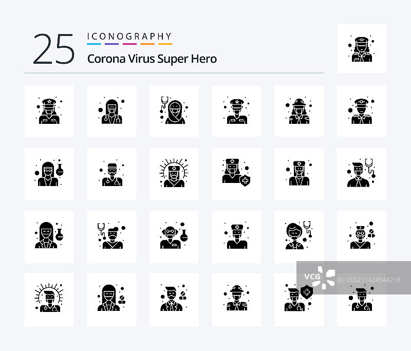 新型冠状病毒超级英雄25个实心字形图标包图片素材
