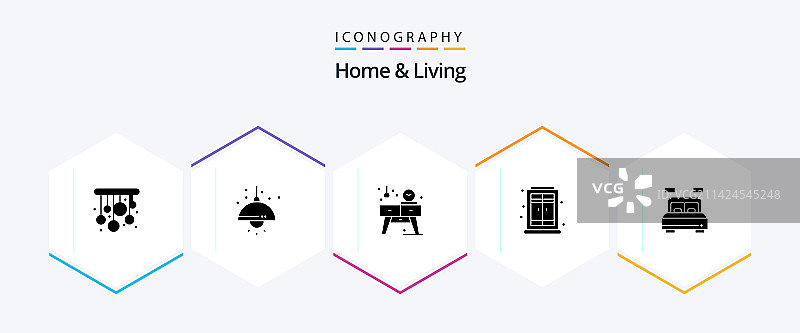 包含床的家居生活25字形图标包图片素材