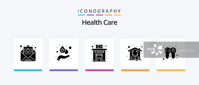 包含牙齿的5个健康护理字形图标包图片素材