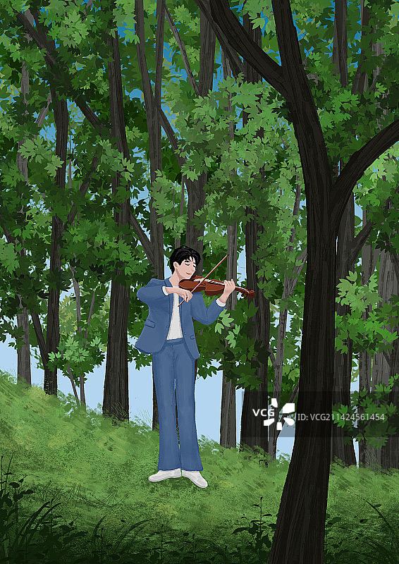 一个人在森林中独奏小提琴图片素材