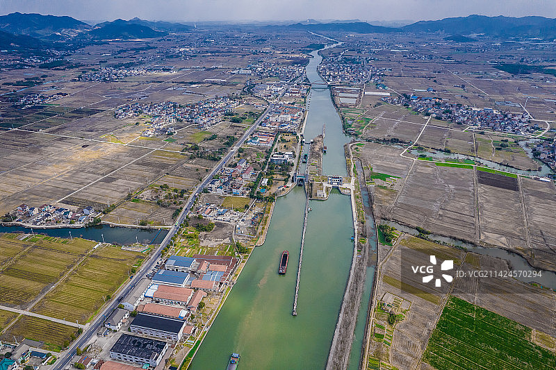 丰惠镇与穿城而过的杭甬运河航拍，上虞，绍兴图片素材