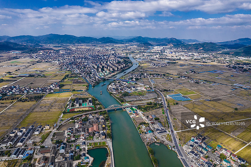 丰惠镇与穿城而过的杭甬运河航拍，上虞，绍兴图片素材