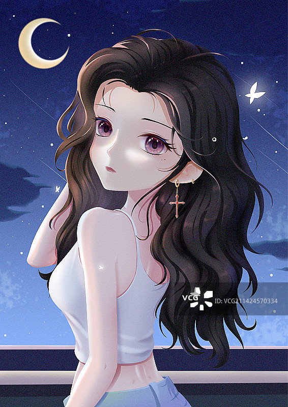 夜晚的二次元女孩图片素材