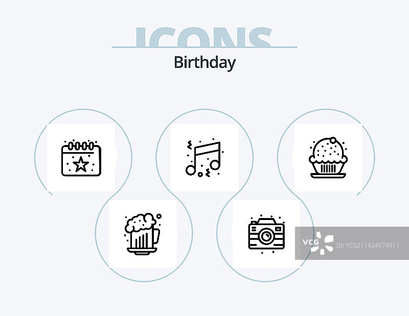 生日线性图标包5个图标设计派对蛋糕图片素材