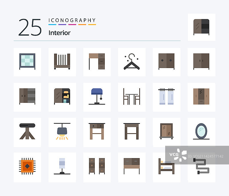 室内设计25个扁平彩色图标包，包含灯具图片素材