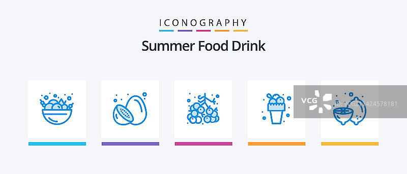 包含食物的夏季食品饮料蓝色5图标包图片素材