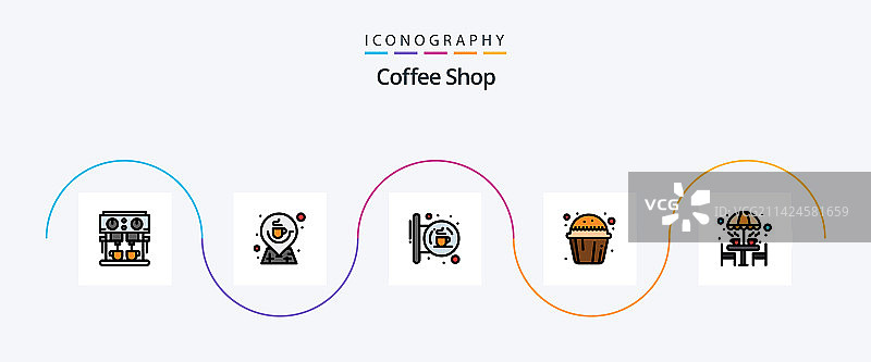 咖啡店线性填充扁平图标包，5个图片素材
