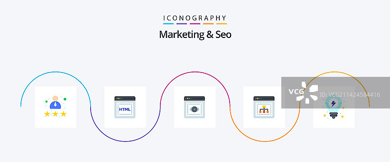 营销和SEO扁平5图标包，包括SEO图片素材