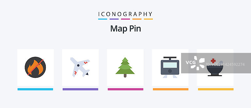 地图图钉扁平风格5图标包，包含碗和树图片素材