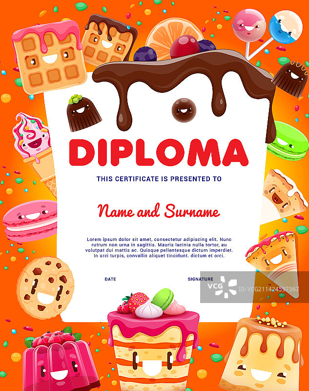 卡通烘焙饼干蛋糕甜点儿童毕业证书图片素材
