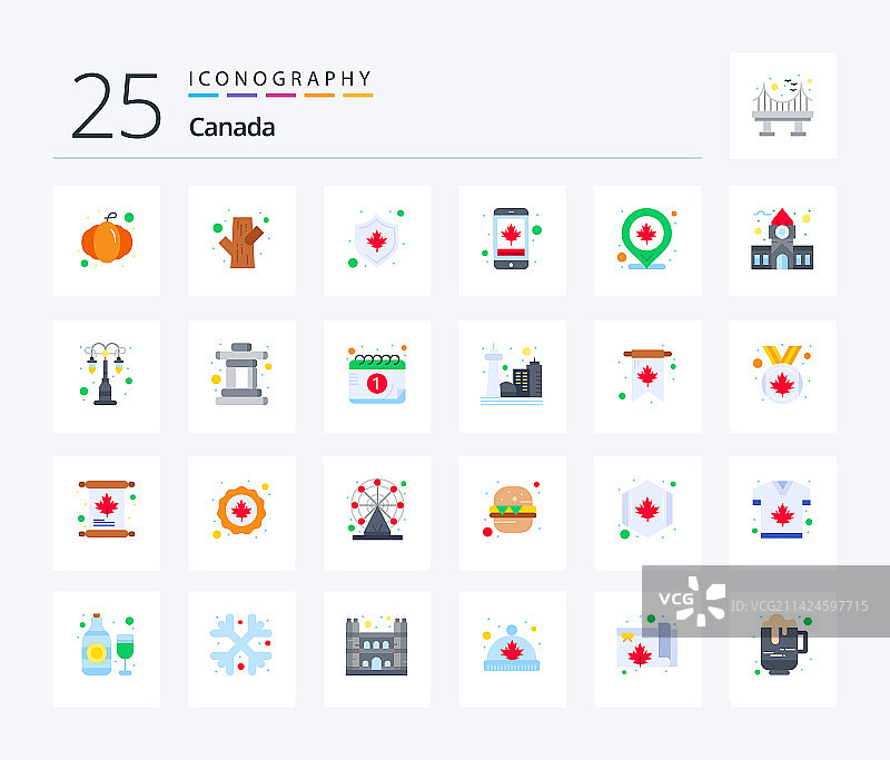 加拿大25个扁平彩色图标包，含树叶图片素材