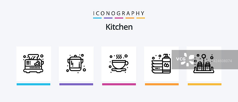 包含杯子和锅的厨房线性图标合集图片素材