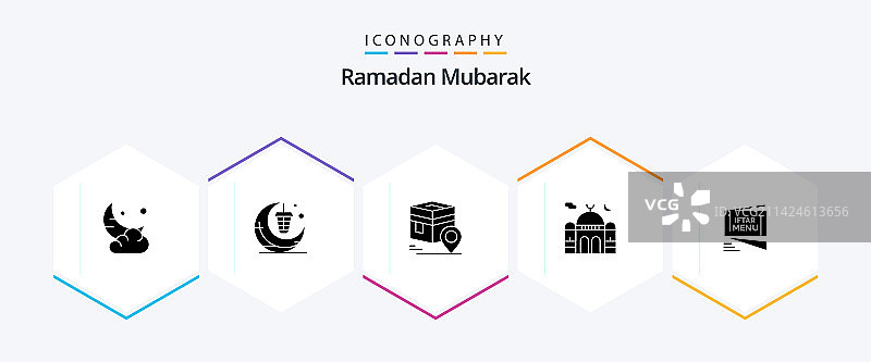 包含伊斯兰清真寺的斋月25字形图标包图片素材