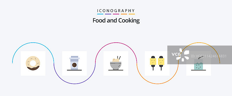 包含饮料和米饭的5个美食扁平图标包图片素材
