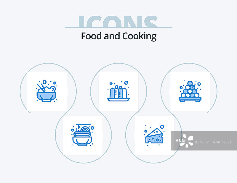 蓝色食品图标包，5个图标设计，米饭章鱼烧图片素材