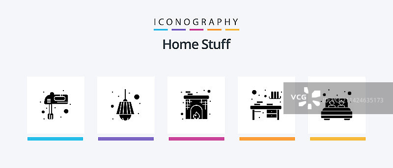 包含双人床的5个家居用品字形图标包图片素材
