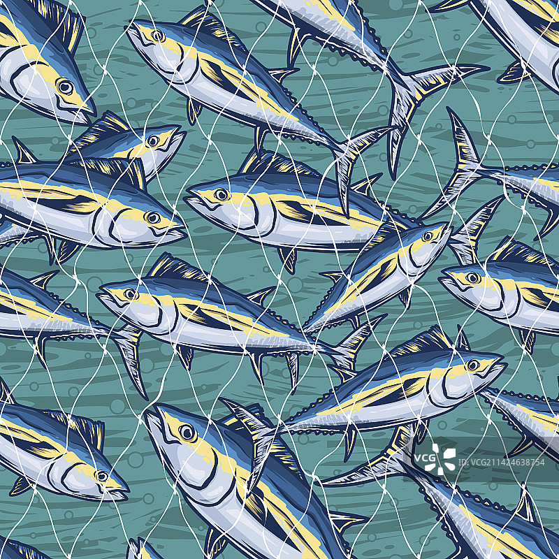 金枪鱼渔网彩色无缝图案图片素材