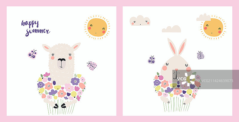 可爱的动物拿着花束卡片图片素材