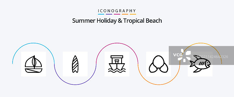 包含海岸服装的海滩线性5图标包图片素材