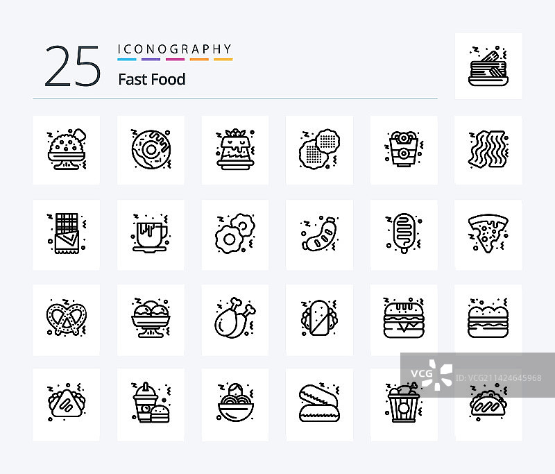 快餐食品25个线条图标包，包括西班牙油条图片素材