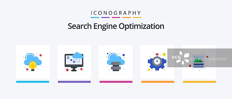 SEO扁平风格五图标包，包含照片服务器图片素材