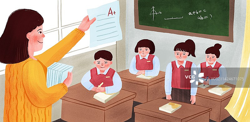 教室里讲评试卷的老师和听讲的学生们图片素材