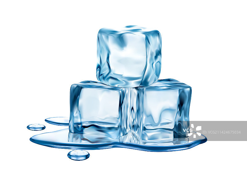 三个冰块在水坑中融化图片素材