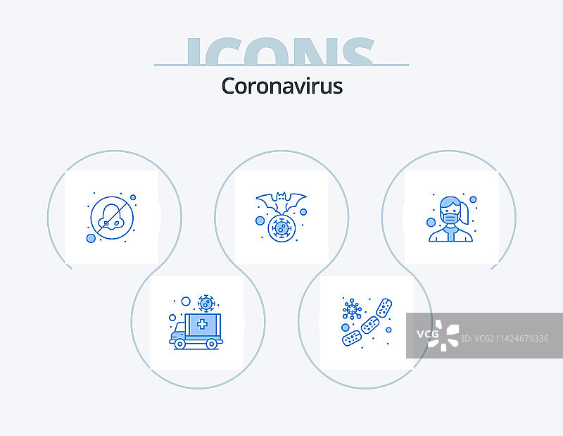 新型冠状病毒蓝色图标包：5图标设计，流感图片素材