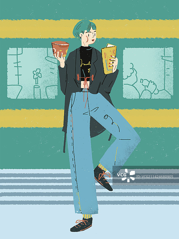 在车站拿泡面和书的女人图片素材