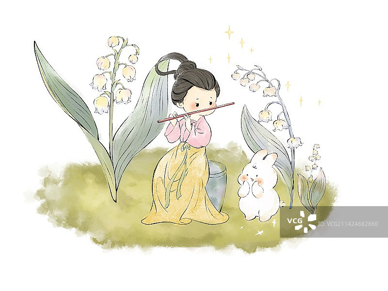 古风吹笛女孩和兔子图片素材