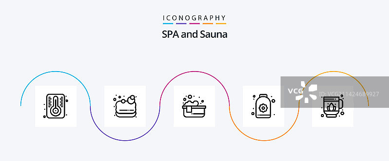 包含桑拿按摩浴缸的桑拿线条图标套装图片素材
