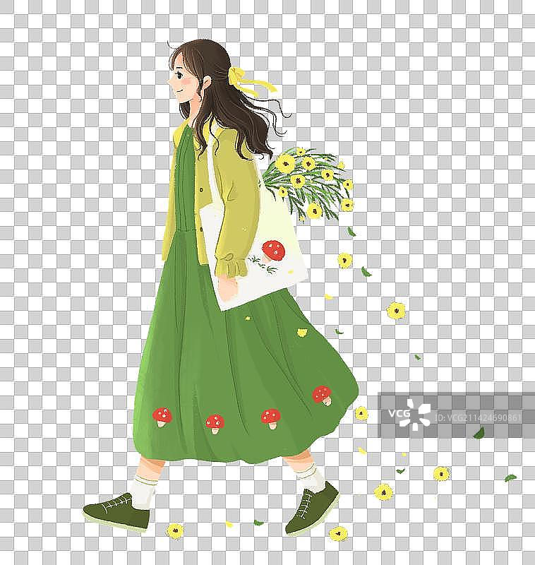 治愈系小清新插画春天里穿着黄绿色裙子的女孩在走路图片素材