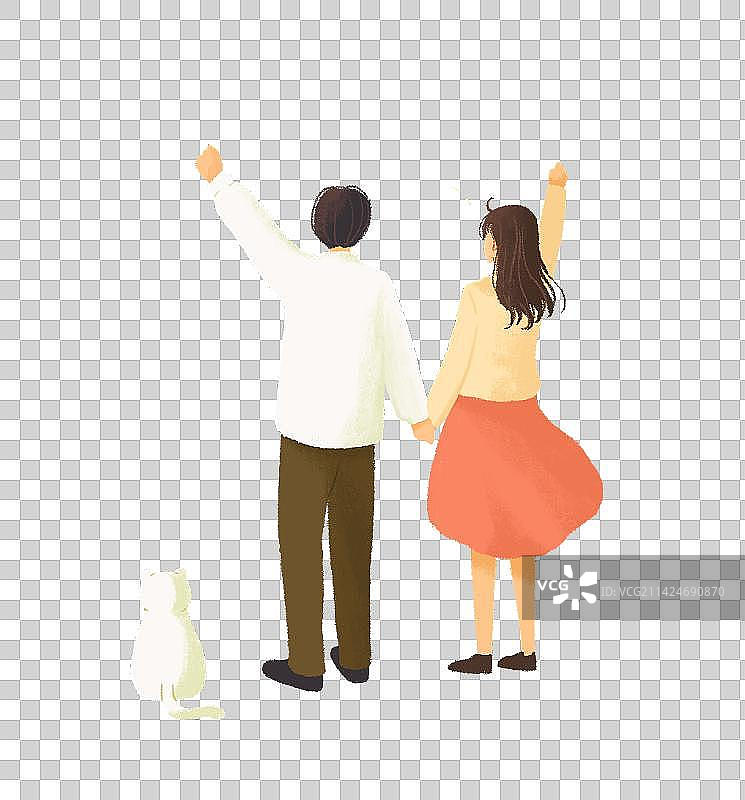治愈系小清新插画一对情侣牵手的背影图片素材