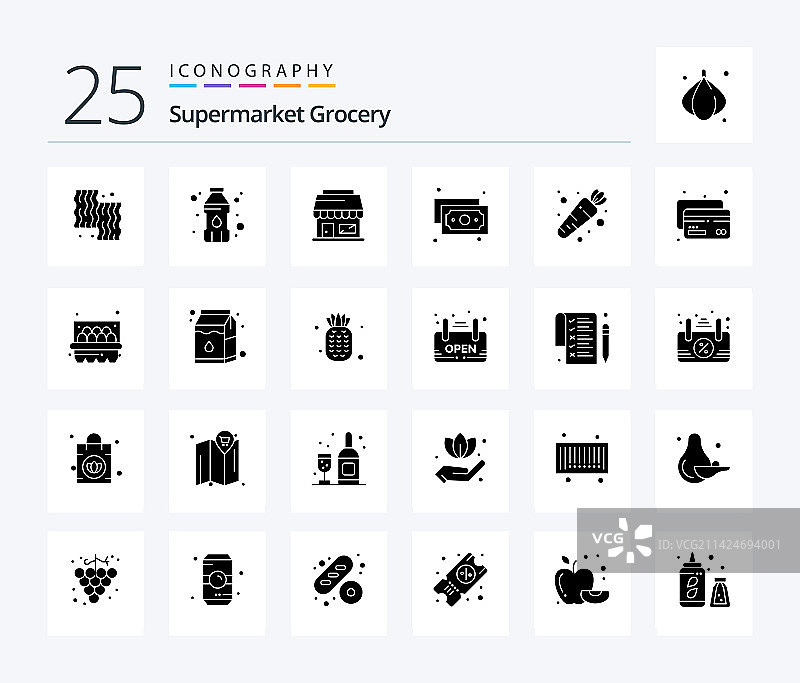 包含购物卡的25个实体字形食品图标图片素材