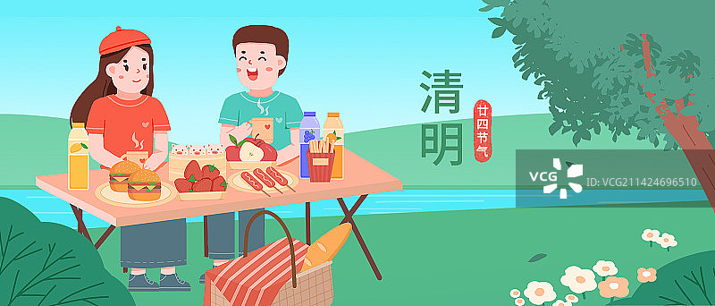 春天清明情侣出游踏青野餐吃面包果汁鸡腿蛋卷薯条汉堡烤肠图片素材
