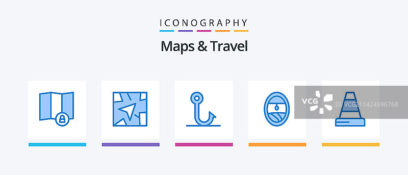 包含鱼钩的蓝色5图标地图和旅行包图片素材