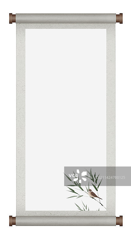 灰色国画竹子鸟卷轴图片素材