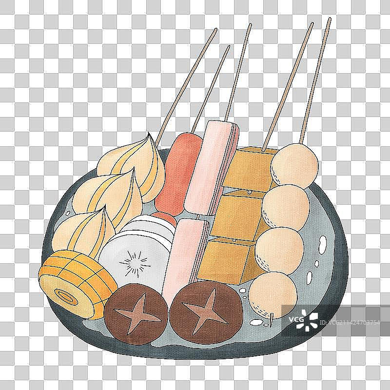 手绘描边风格盘子里的小吃关东煮图片素材