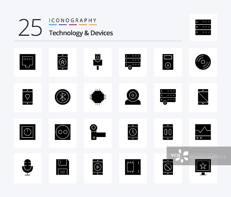 包含设备的25个实体字形图标包图片素材