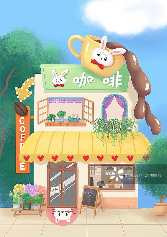 街角兔子咖啡馆图片素材