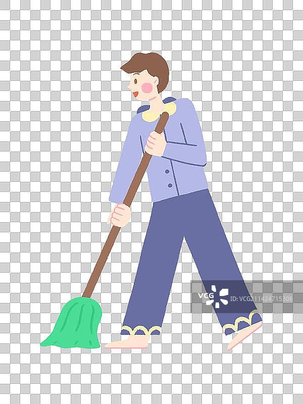 居家拖地打扫卫生的年轻男子扁平插画图片素材